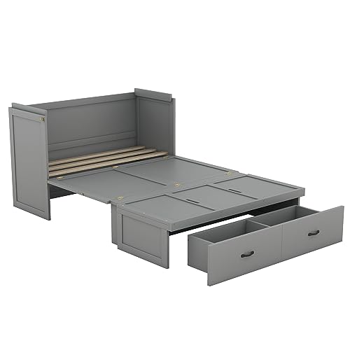 White Queen Size Foldable Wood Wall Bed Frame with Shelves and LED Lights Z620738