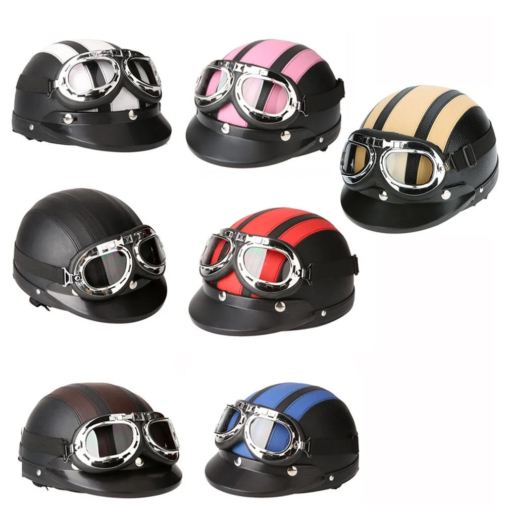 Motorcycle Scooter Open Face Half Leather Helmet with Visor UV Goggles 54-60cm Z69996