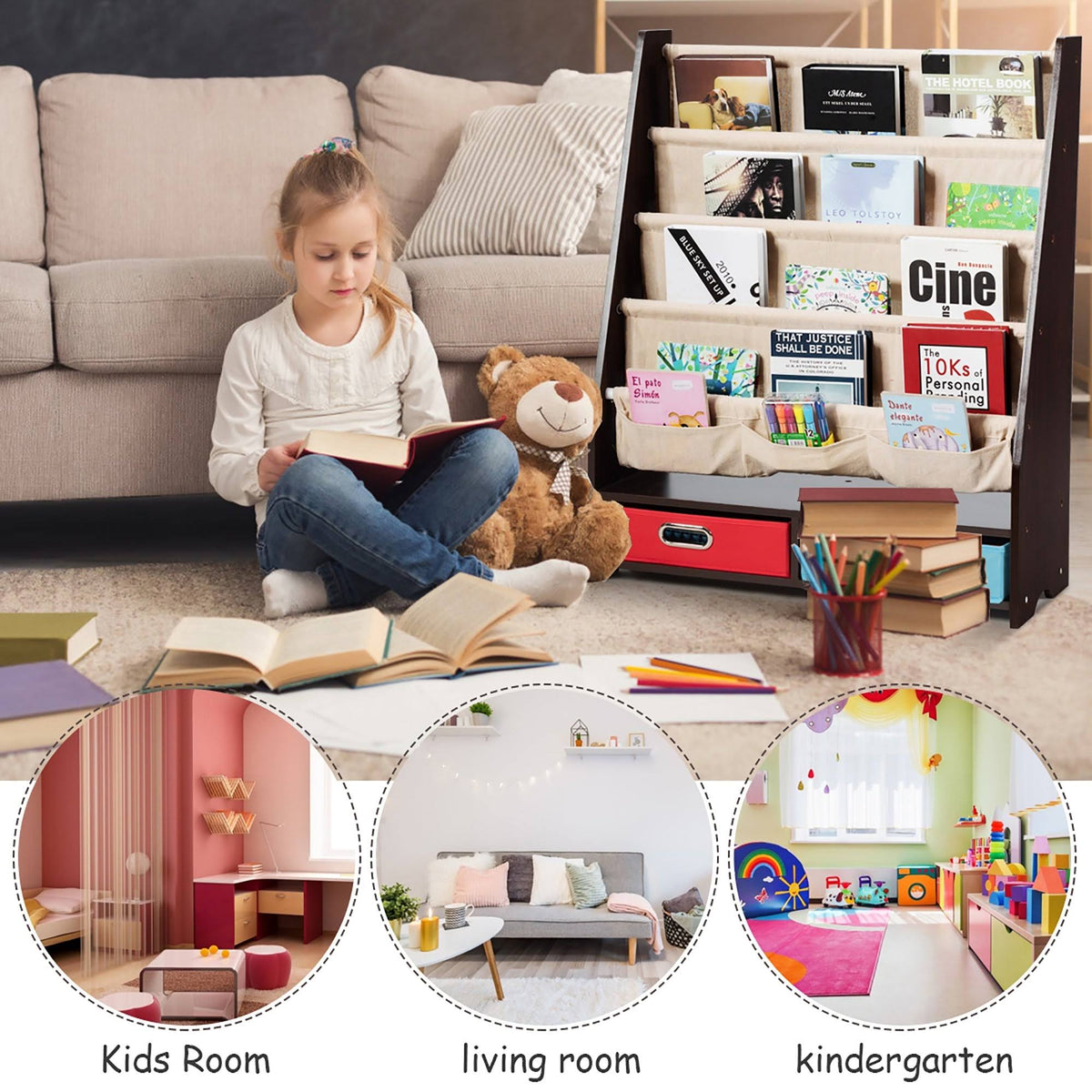 Beige Free Standing Kids Book Rack Bookshelf E8449