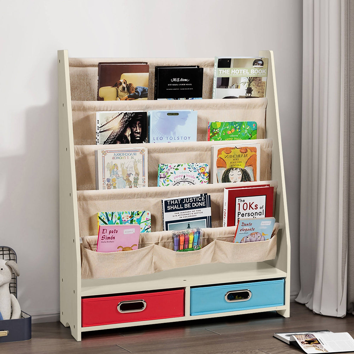 Beige Free Standing Kids Book Rack Bookshelf E8449