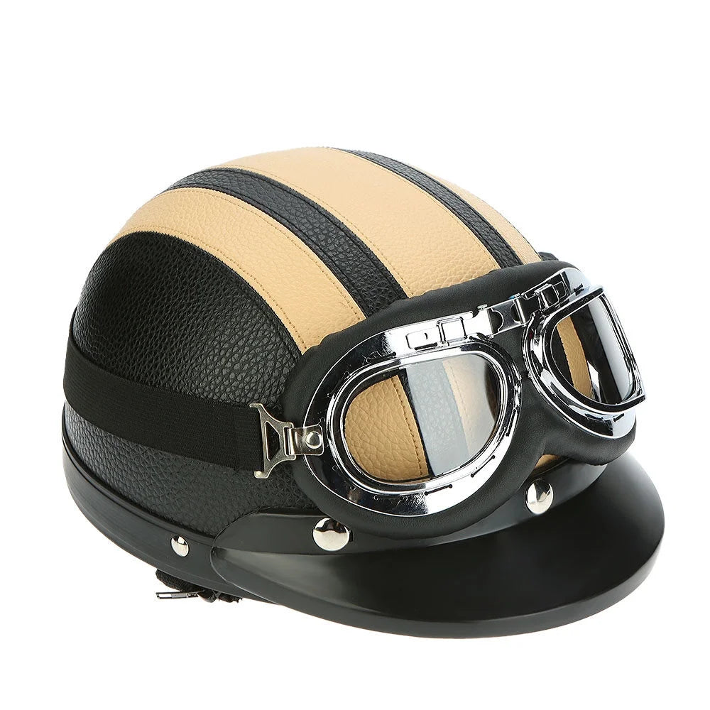 Motorcycle Scooter Open Face Half Leather Helmet with Visor UV Goggles 54-60cm Z69996
