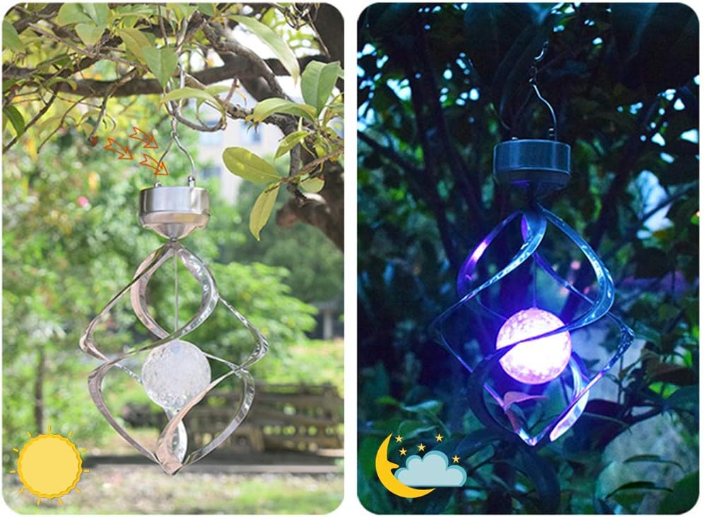 LED Solar Revolving Wind Chimes Hanging Spiral Lights J7811