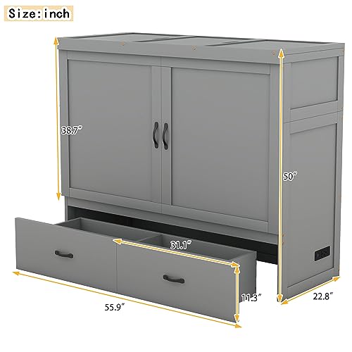 White Queen Size Foldable Wood Wall Bed Frame with Shelves and LED Lights Z620738