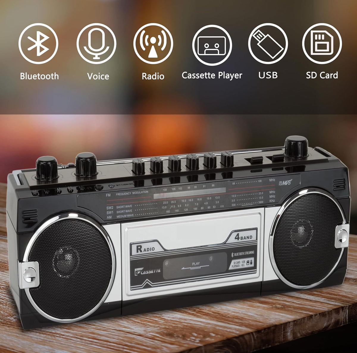 Black Retro Bluetooth Boombox Radio Cassette Player Recorder F43127