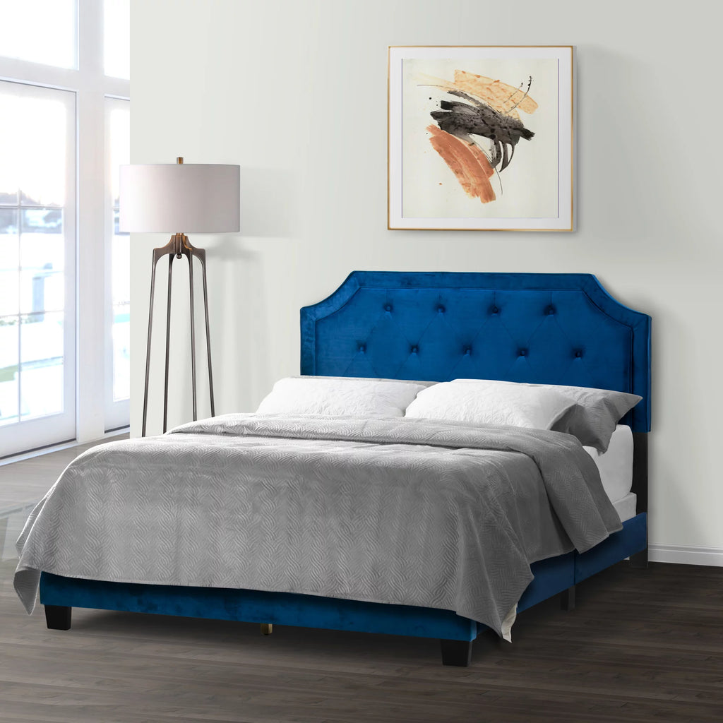 Blue Fabric Queen Bed with Button Tufting T370