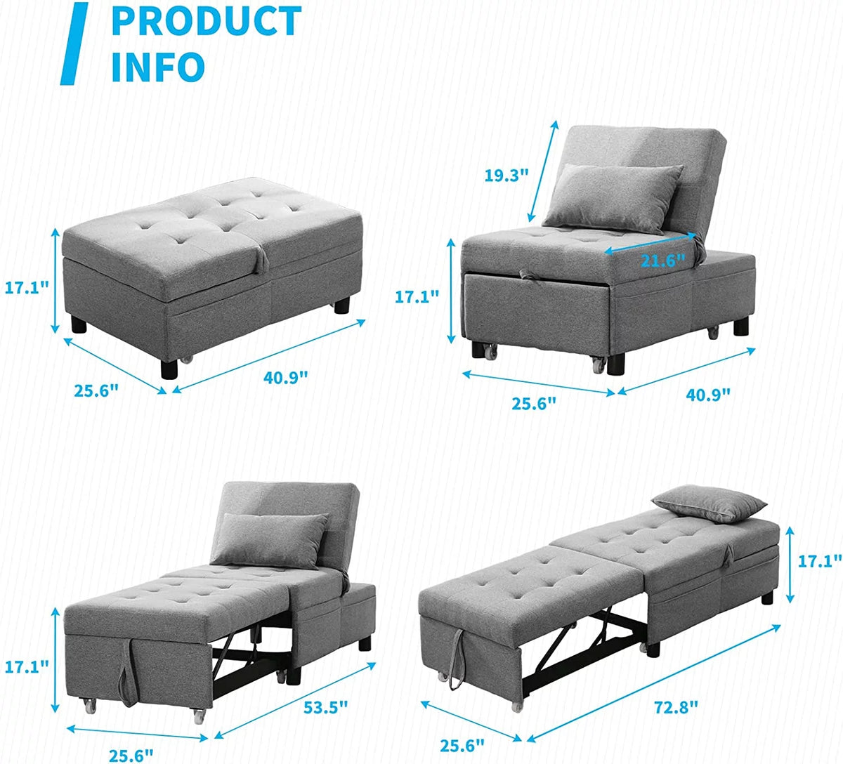 4-in-1 Convertible Sleeper Chair with Pillow Light Grey X4992