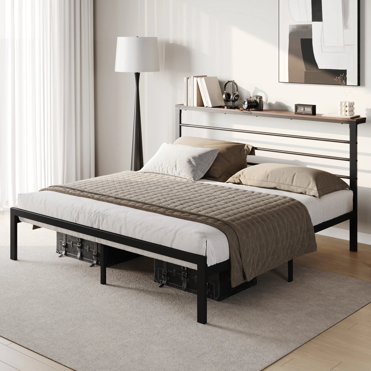 Queen Size Metal Platform Bed Frame with Shelf Headboard Z117416