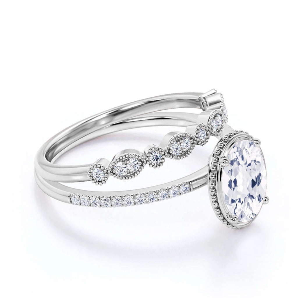 10k Solid White Gold Oval Cut Diamond Moissanite Engagement Ring with Matching Band I211625