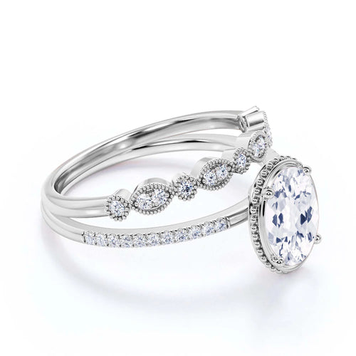 10k Solid White Gold Oval Cut Diamond Moissanite Engagement Ring with Matching Band I211625