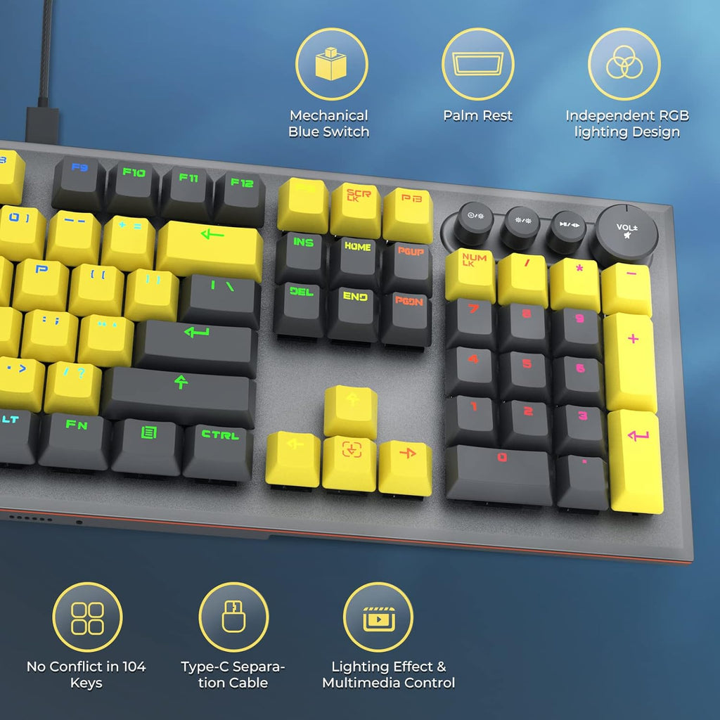 104 Keys Wired Mechanical Gaming Keyboard with Rainbow RGB Backlit Leather Wrist Rest Z869025