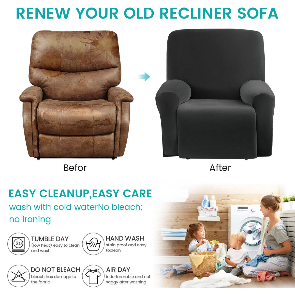 Velvet Oversized Stretch Recliner Sofa Cover 4 Pieces 1 Seat Q131