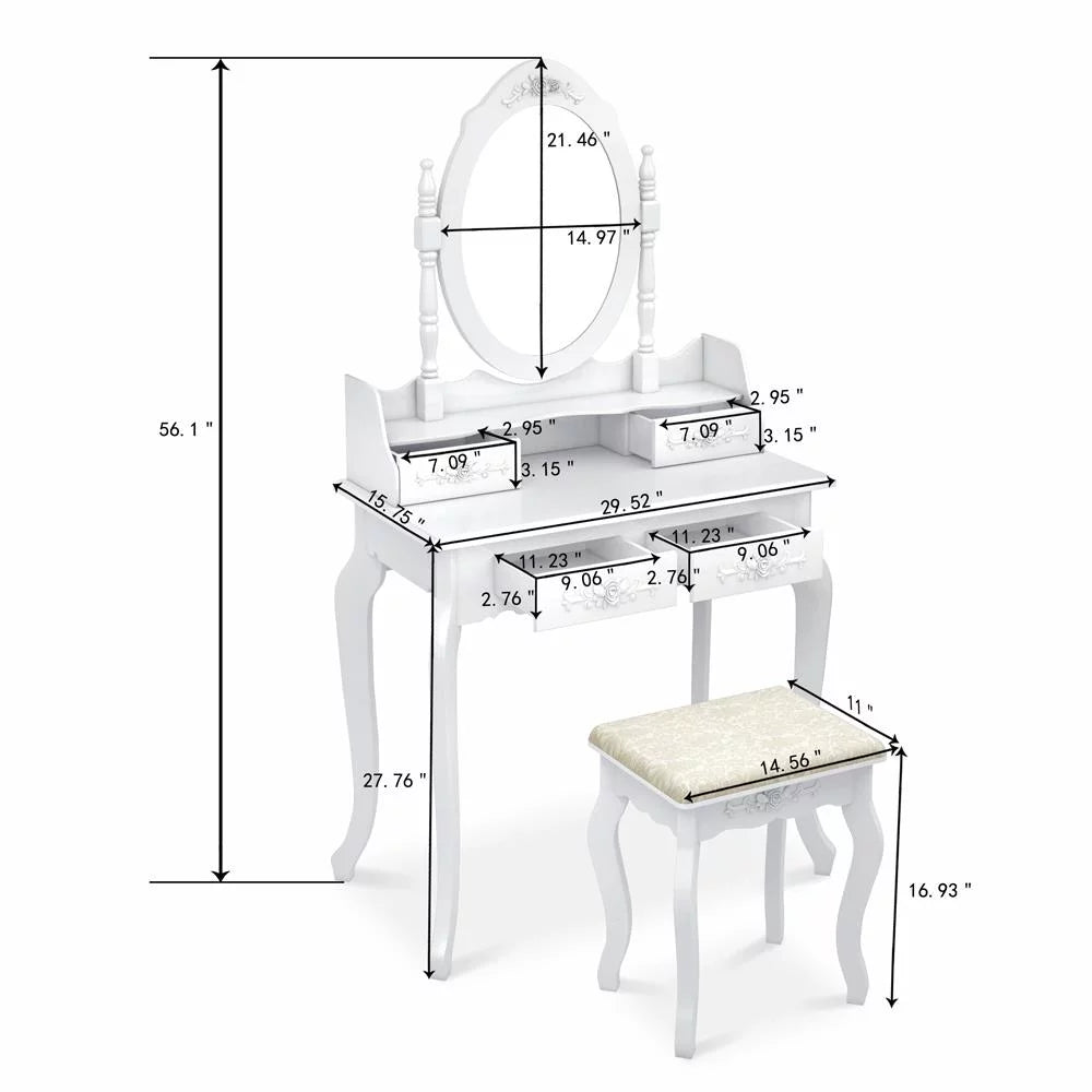 White Vanity Table Set with Mirror and 4 Drawers P113694