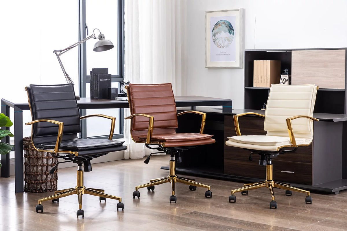 Beige Faux Leather Swivel Office Chair with Armrests T222