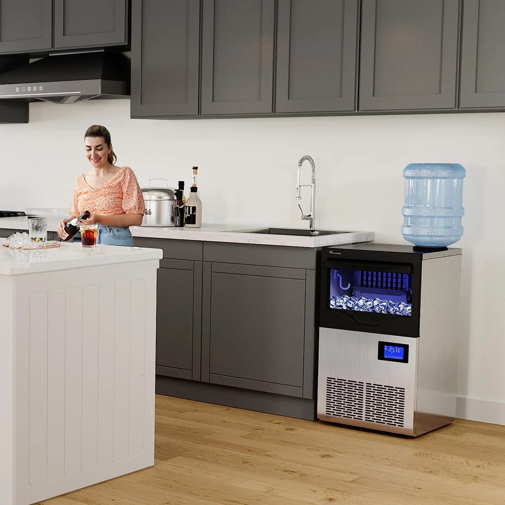 Commercial Ice Maker Machine 100lbs/24h with 33lbs Storage Bin, Stainless Steel Ice Scoop, Blue Light, Freestanding Ice Machine Water Bottle C664113