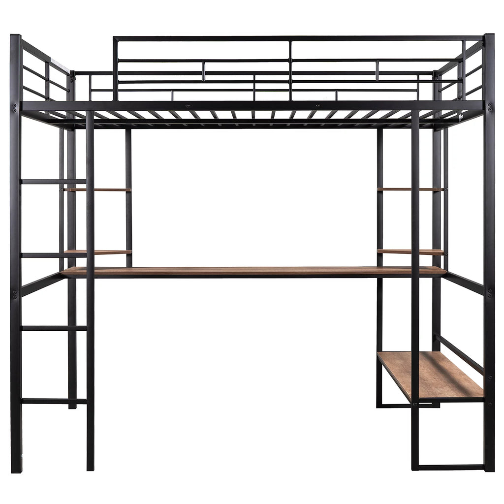 Black Full Metal Loft Bed with Desk and Storage Shelves Y61260