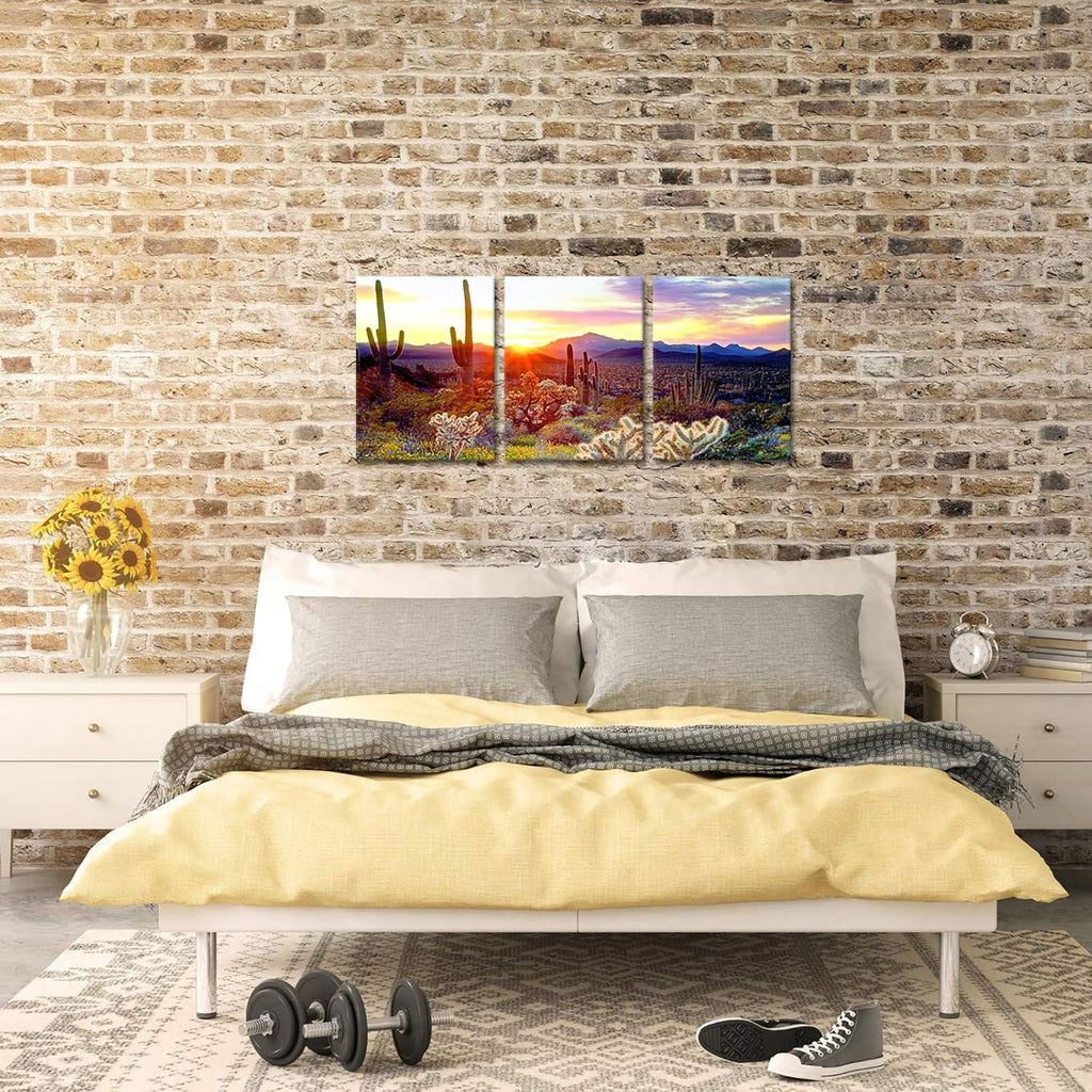 3 Piece Saguaro Cactus Canvas Wall Art Sunset at Arizona Sonoran Desert Landscape Painting Print F5463