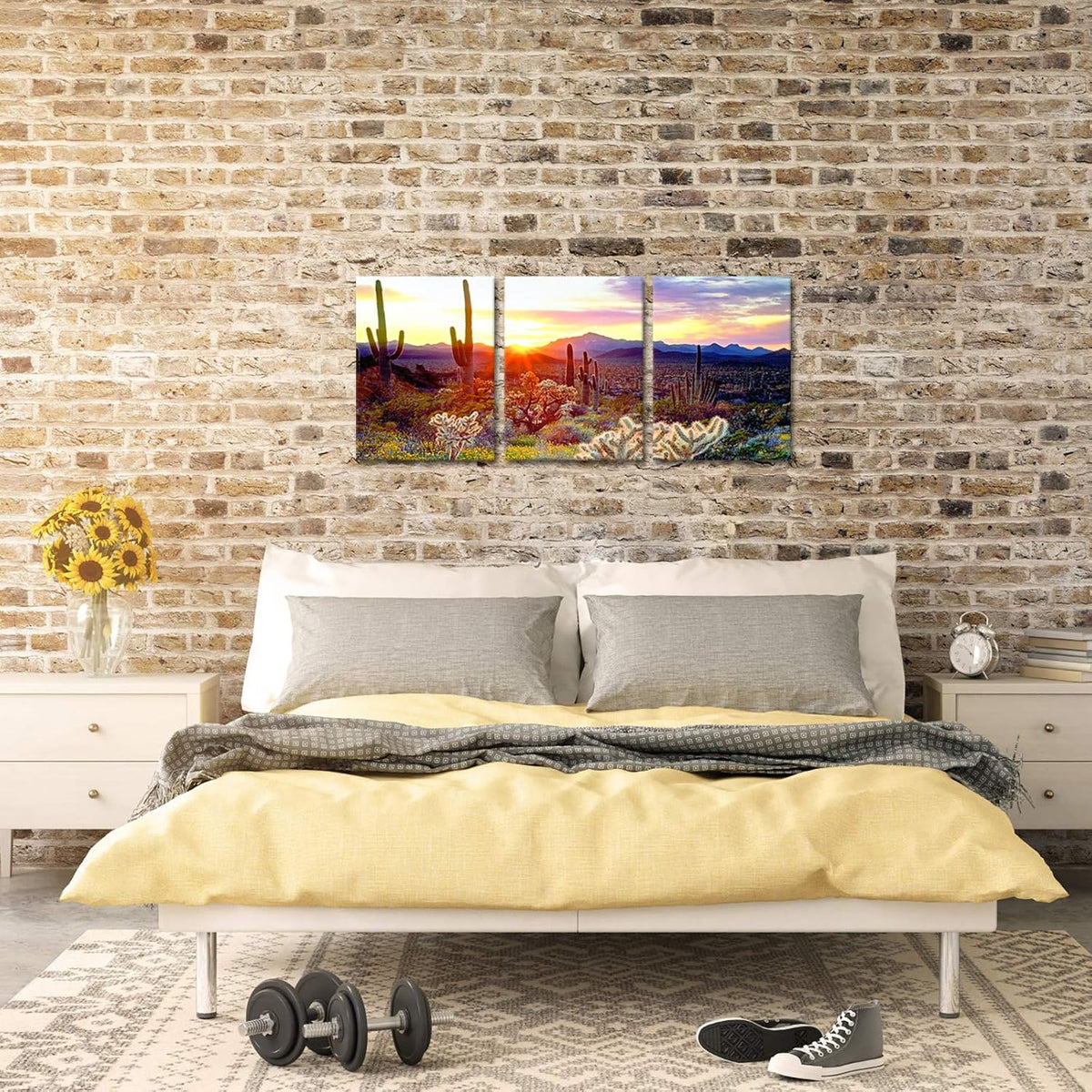 3 Piece Saguaro Cactus Canvas Wall Art Sunset at Arizona Sonoran Desert Landscape Painting Print F5463