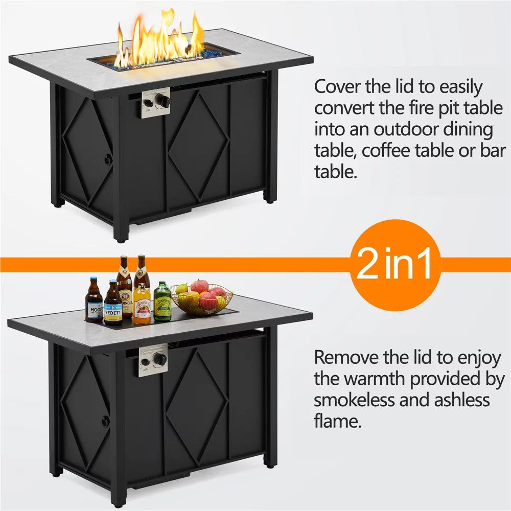 43in Propane Fire Pit Table with Ceramic Tabletop & Steel Base, Black E1001