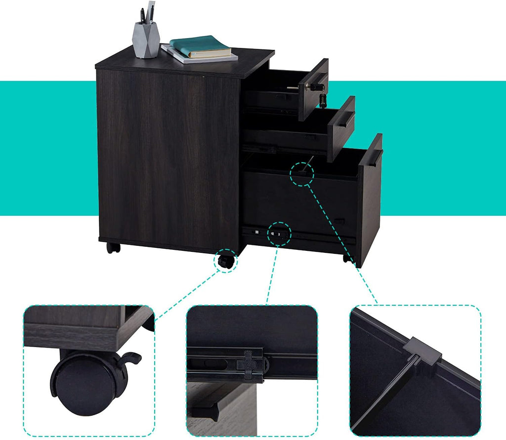 3 Drawer Mobile File Cabinet with Lock Wood Pedestal Filing Storage, Dark Walnut I3961