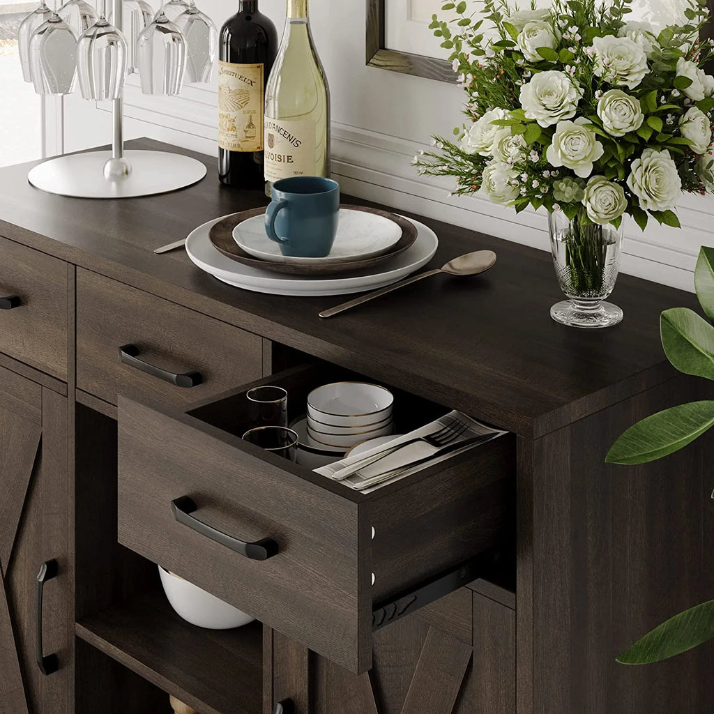 Dark Brown Wood Buffet Storage Cabinet with Barn Doors O343