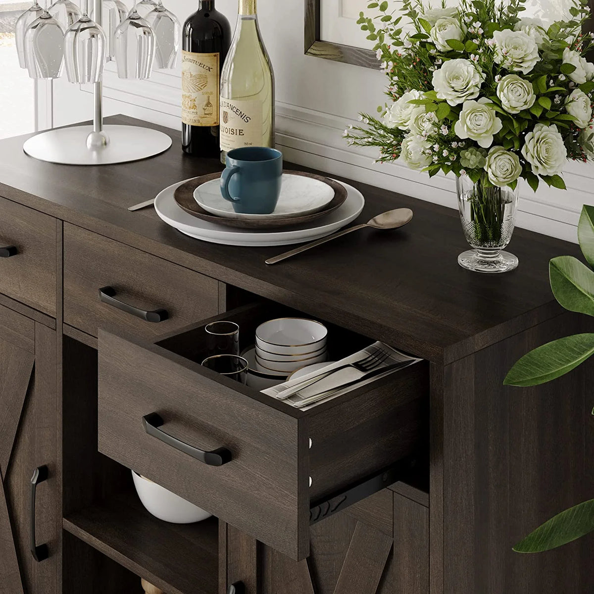 Dark Brown Wood Buffet Storage Cabinet with Barn Doors O343
