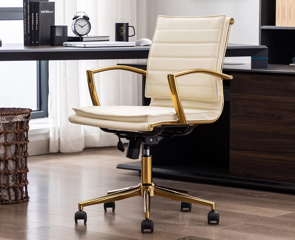 Beige Faux Leather Swivel Office Chair with Armrests T222