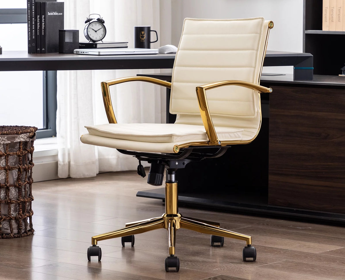 Beige Faux Leather Swivel Office Chair with Armrests T222