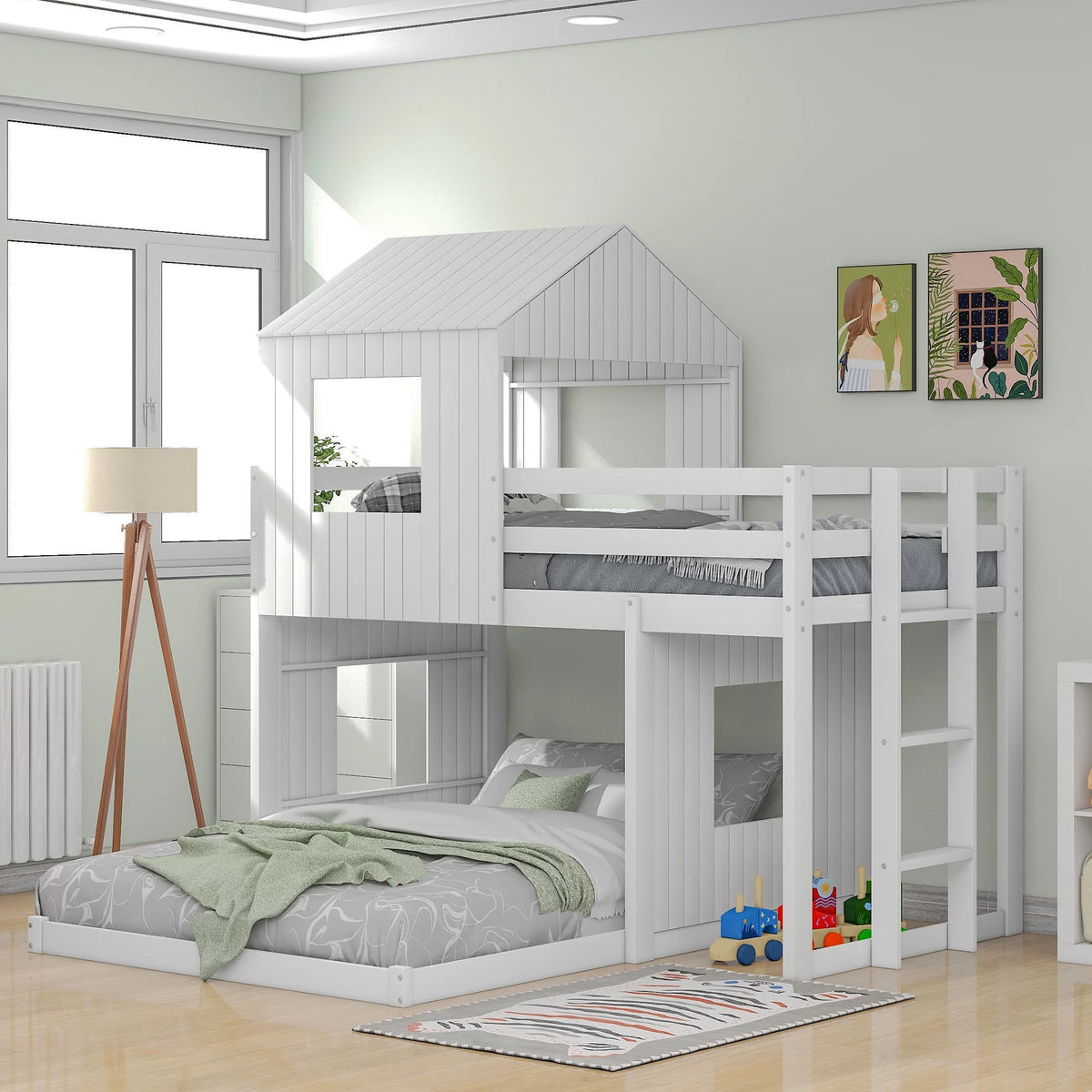 White Wooden Twin Over Full Bunk Bed with Ladder and Guardrails J32370