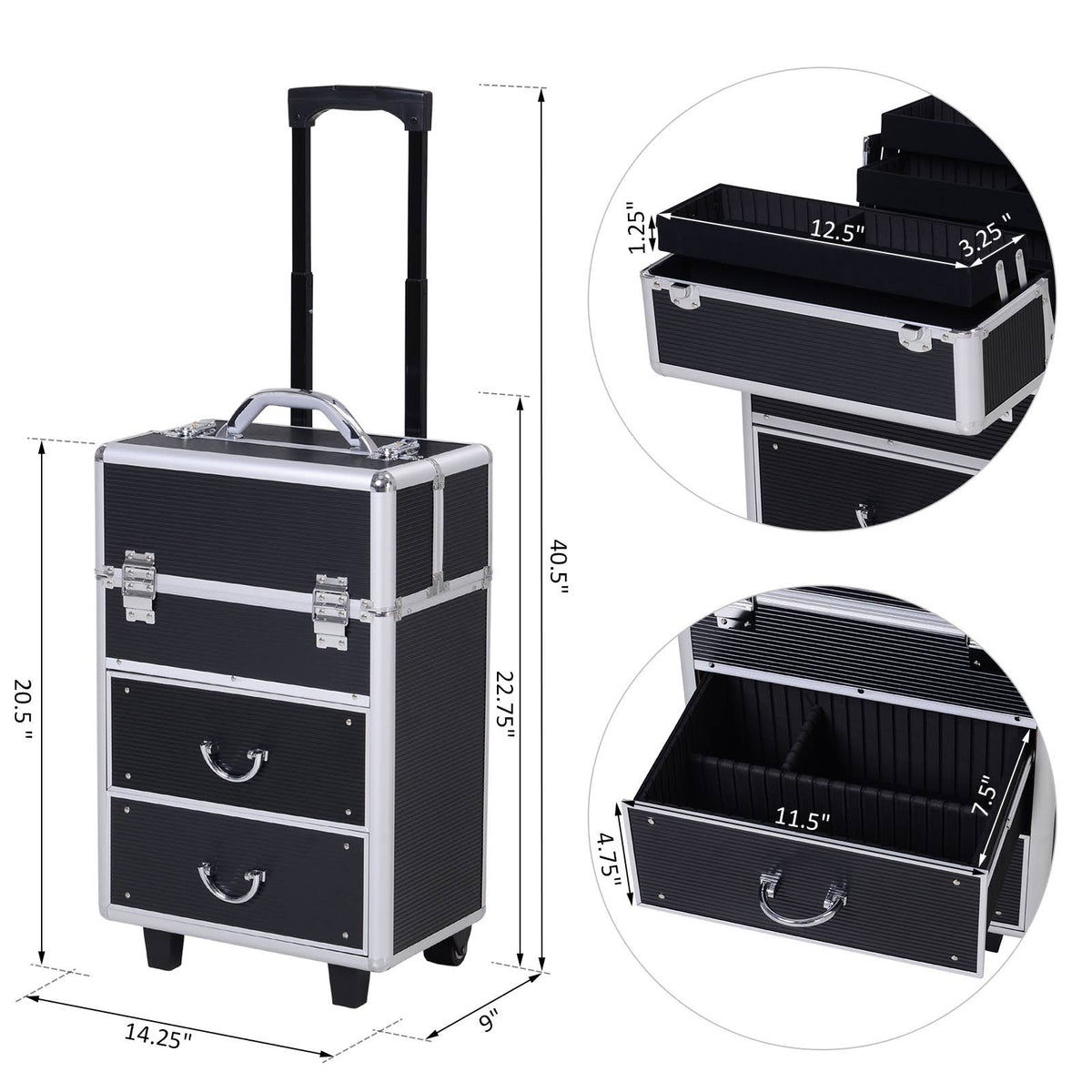 4 Tier Lockable Cosmetic Train Case with Extendable Trays Black B14608
