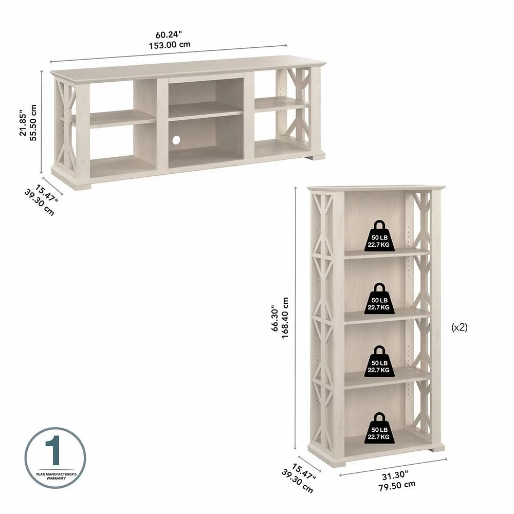 Linen White Oak Engineered Wood TV Stand with Bookcases Q49284
