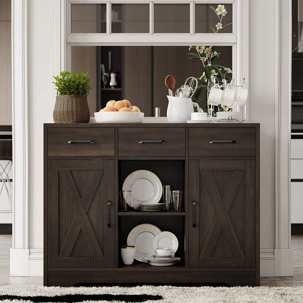 Dark Brown Wood Buffet Storage Cabinet with Barn Doors O343