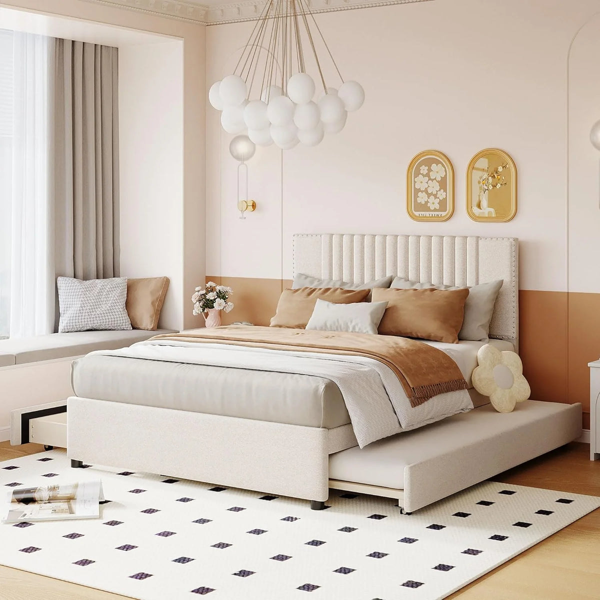 Beige Full Size Upholstered Platform Bed with 2 Drawers P8996