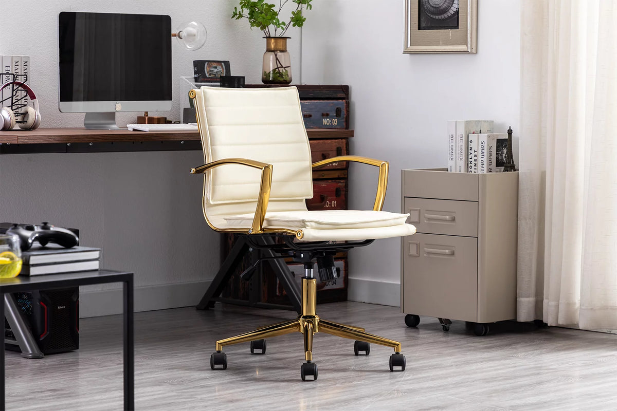 Beige Faux Leather Swivel Office Chair with Armrests T222