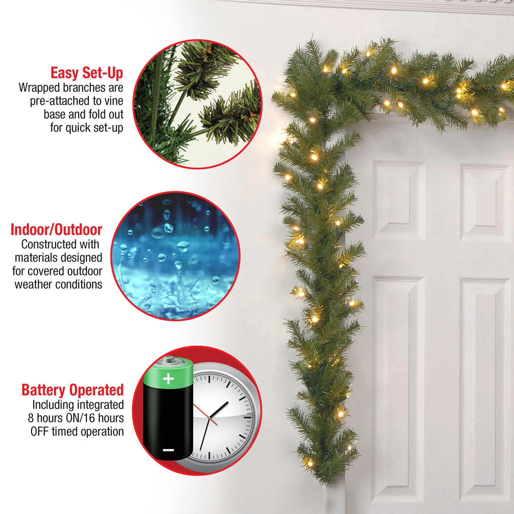 Pre-Lit Artificial Christmas Garland, Green, Norwood Fir, White Lights, 9 Feet U9466
