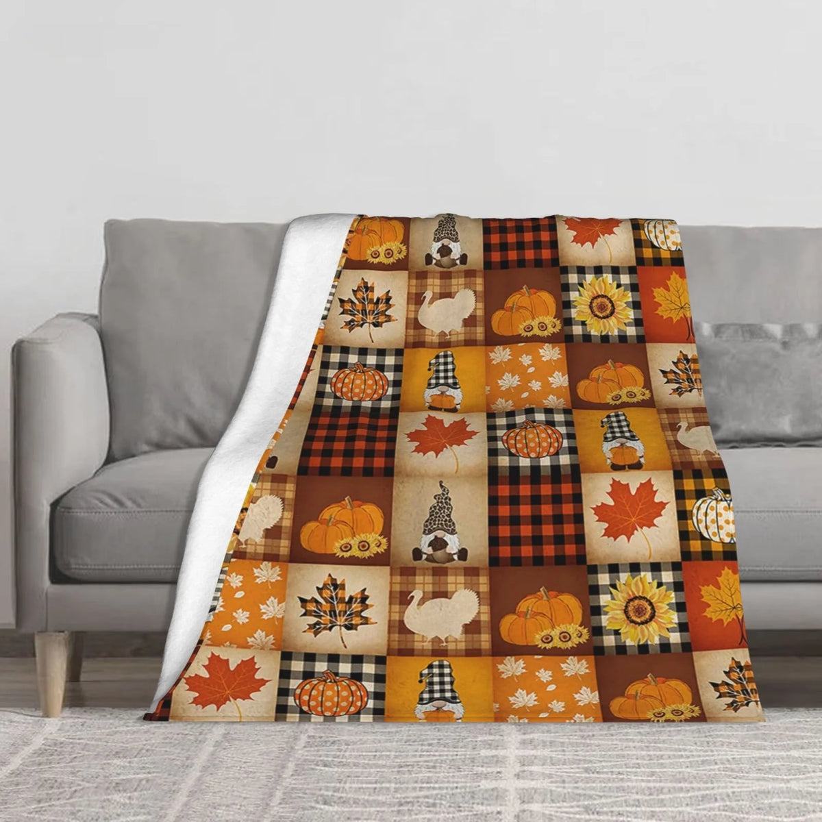 Pumpkin Turkey Maple Leaf Gnome Plaid Flannel Throw Blanket 50 X 40 Inch F23994