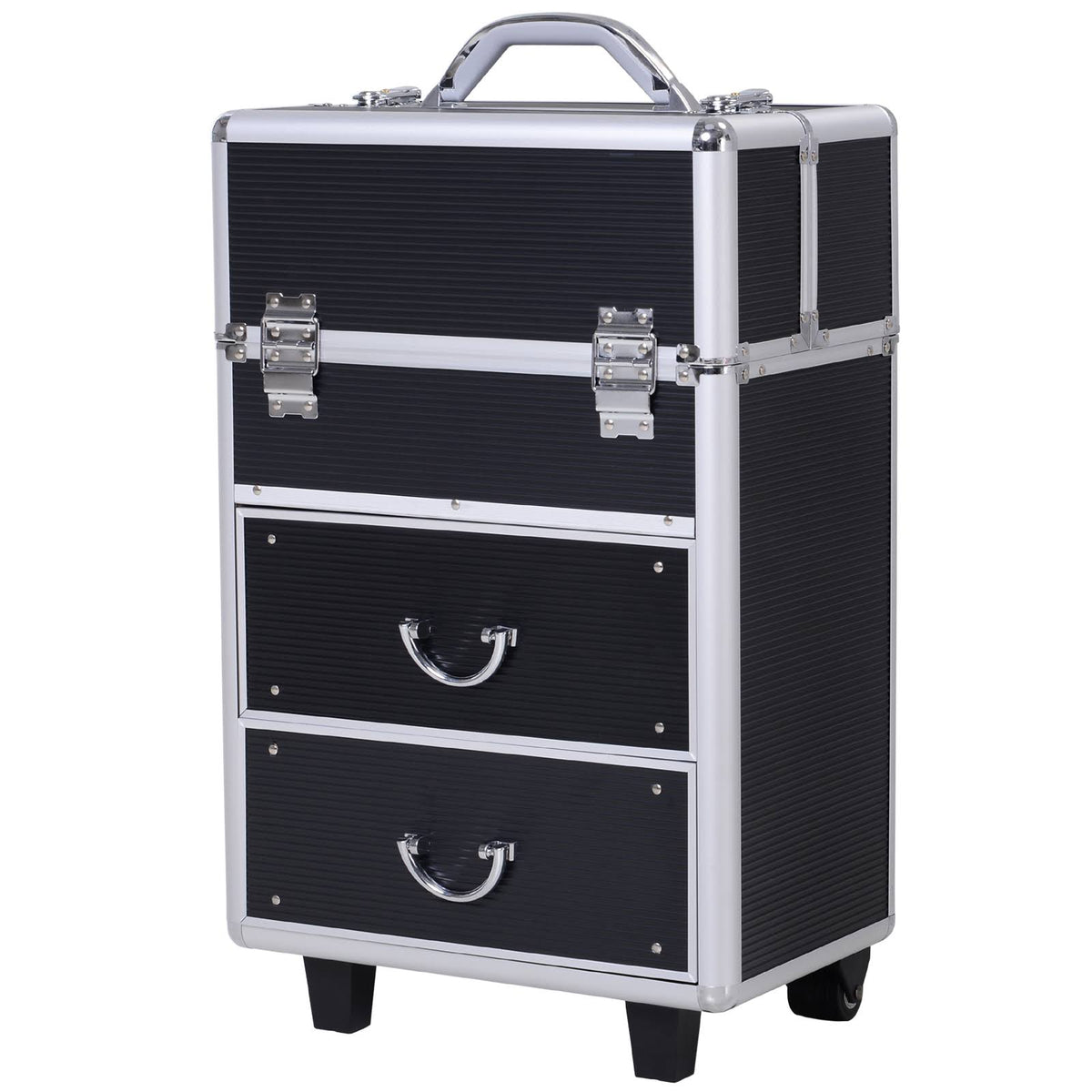 4 Tier Lockable Cosmetic Train Case with Extendable Trays Black B14608