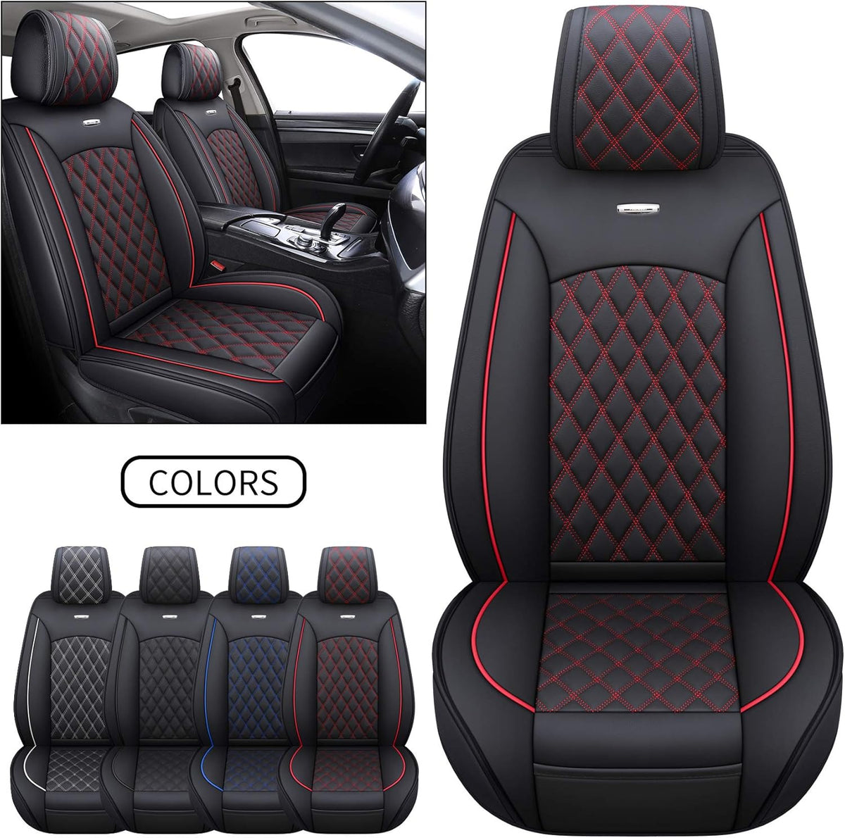 Waterproof Leather Car Seat Covers Full Set Black-Blue E28411