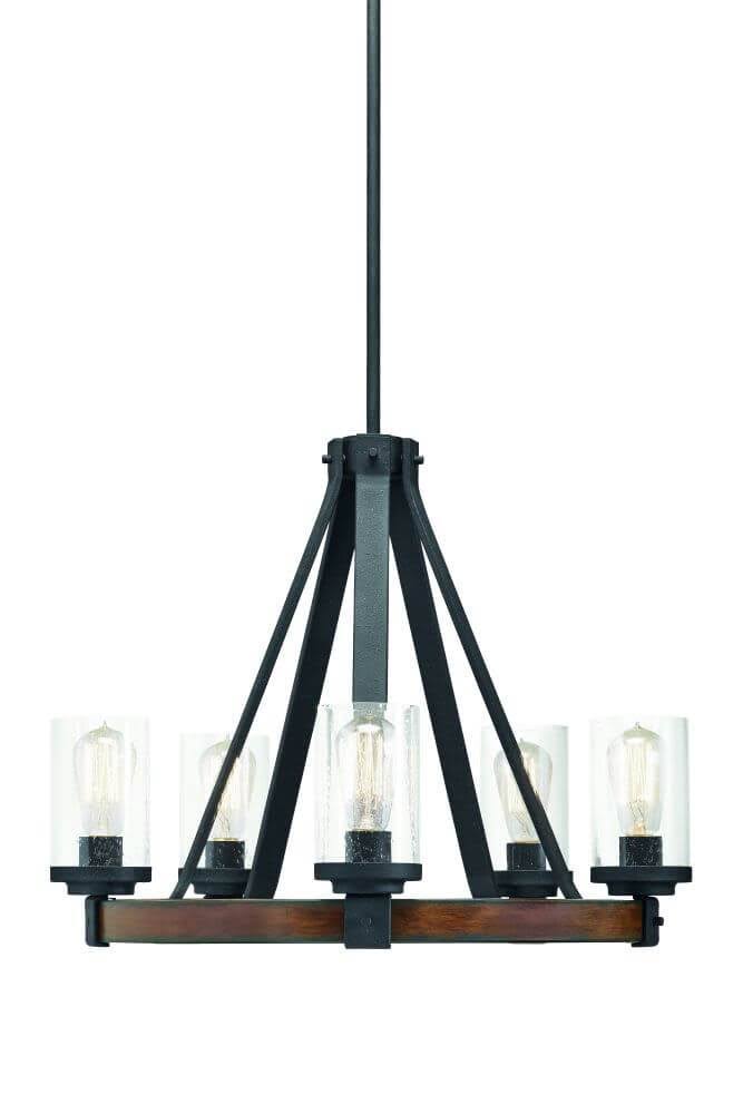 5-Light Distressed Black Wood Tone Rustic Clear Glass Chandelier L264