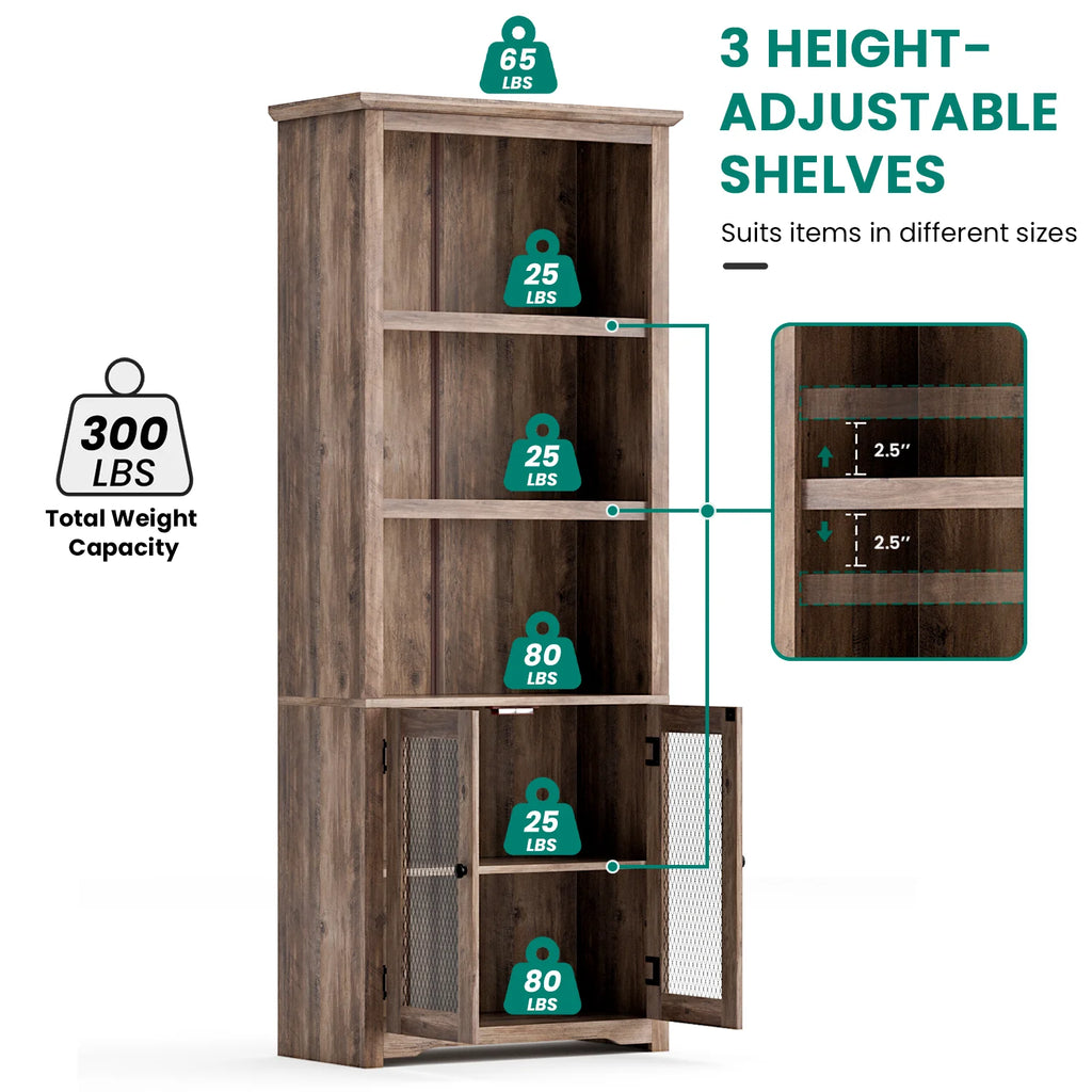 70" Tall 5-Shelf Bookshelf with Doors T2255