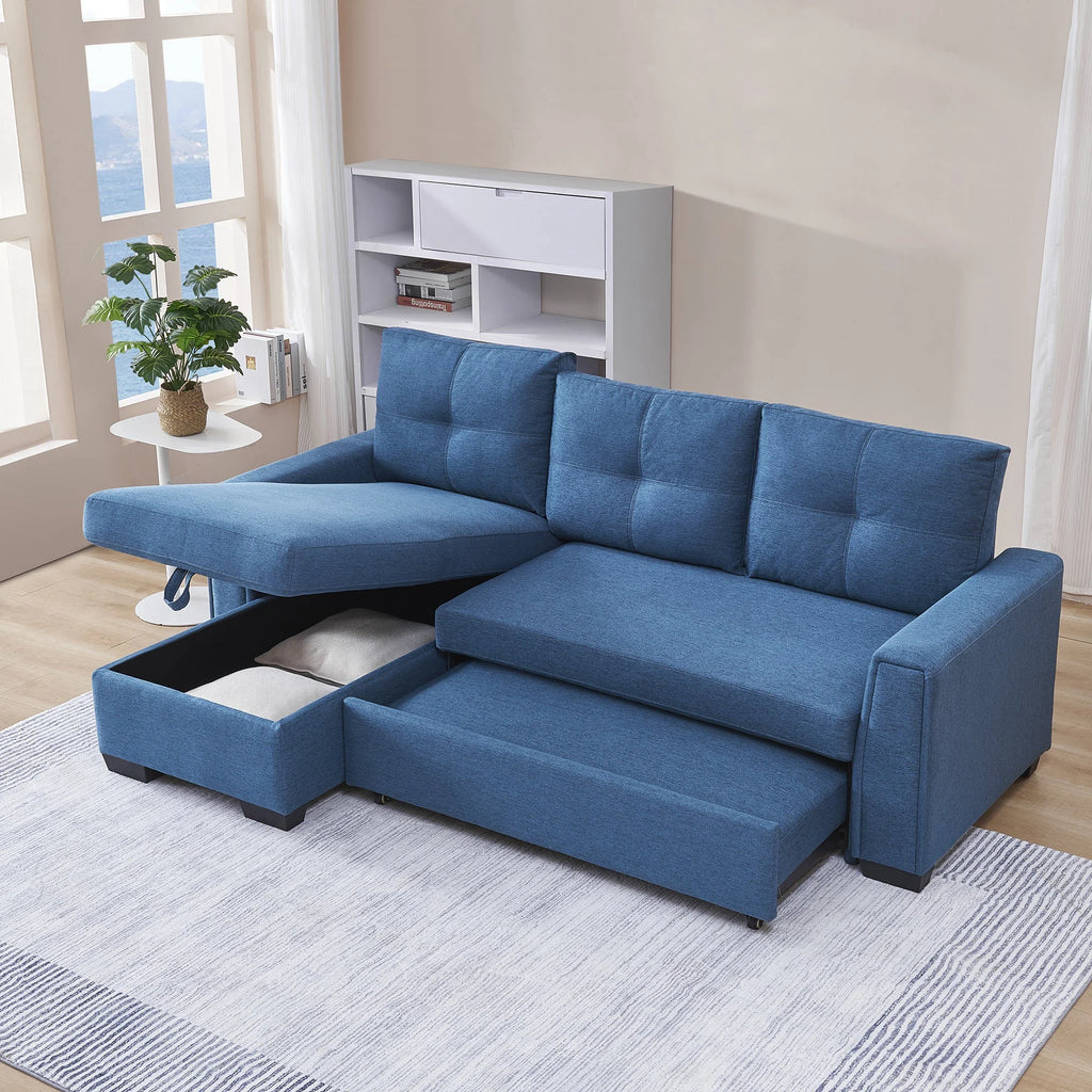 Blue L-Shape Pull-Out Sleeper Sectional Sofa R630