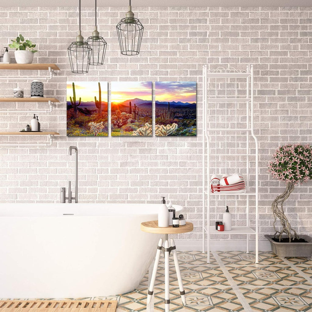 3 Piece Saguaro Cactus Canvas Wall Art Sunset at Arizona Sonoran Desert Landscape Painting Print F5463