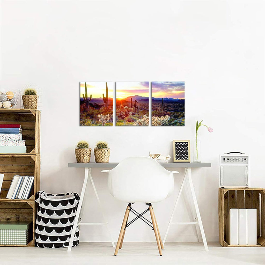 3 Piece Saguaro Cactus Canvas Wall Art Sunset at Arizona Sonoran Desert Landscape Painting Print F5463