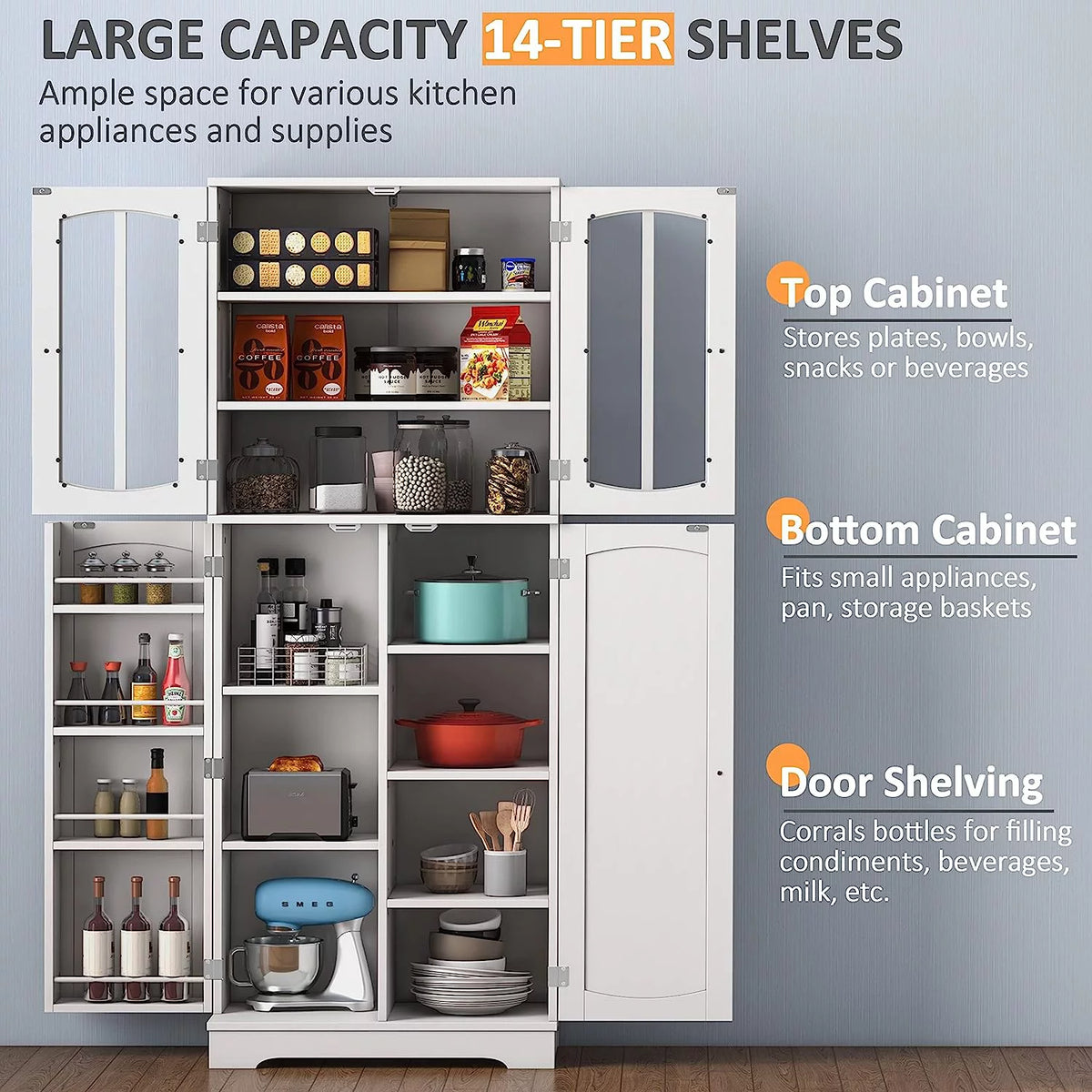 White Wood Kitchen Pantry Storage Cabinet with Doors and Shelves M26442