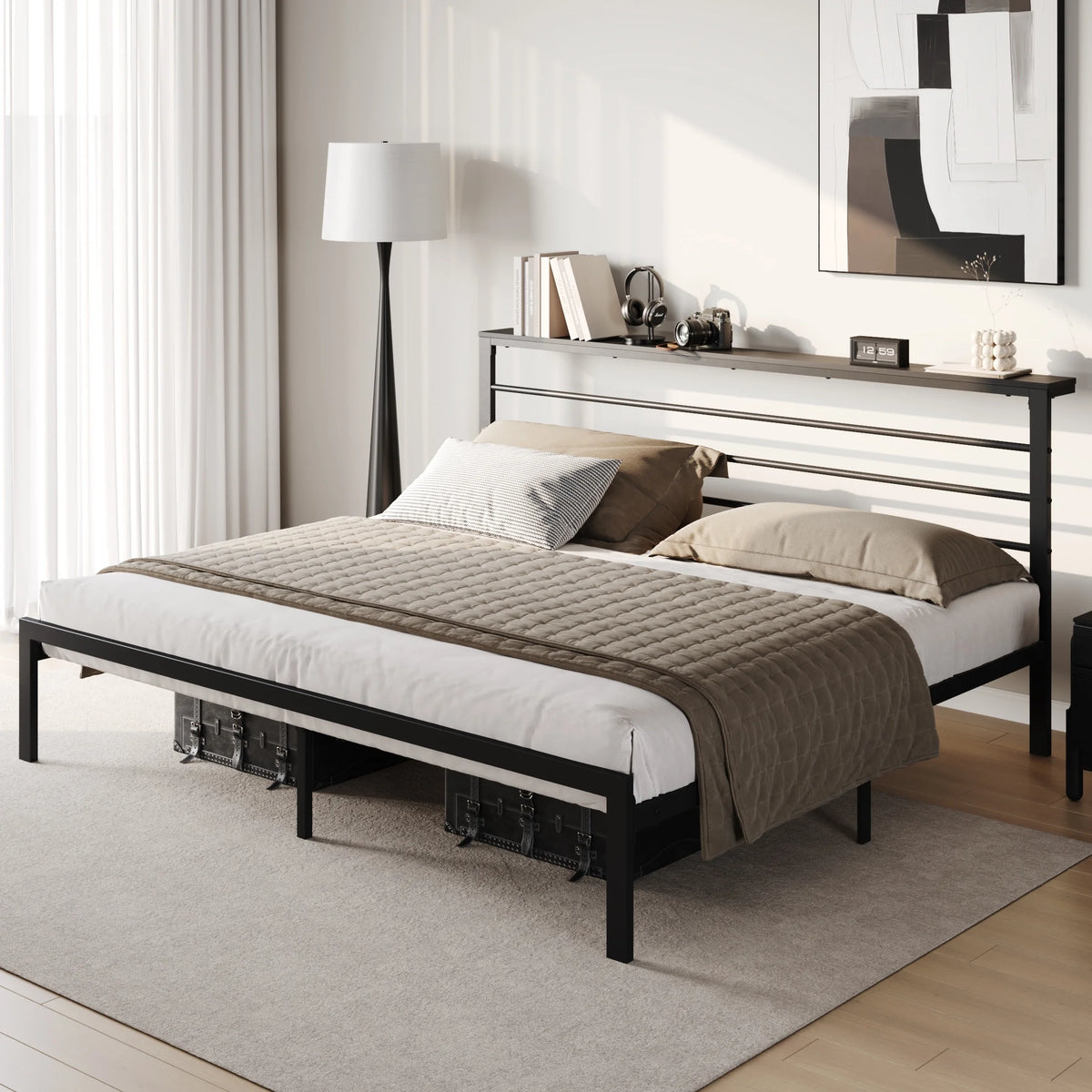 Queen Size Metal Platform Bed Frame with Shelf Headboard Z117416