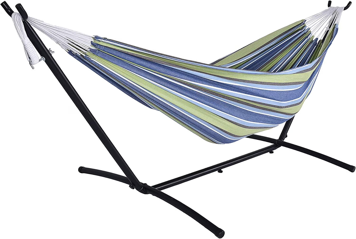 Blue Stripes Double Hammock Bed with Carrying Bag and Steel Stand Q42929