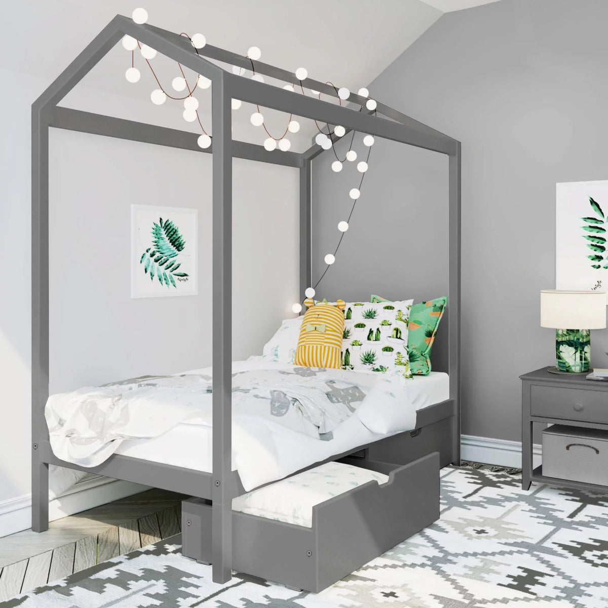 Twin Size Grey Wooden House Bed Frame with Storage Drawers U698