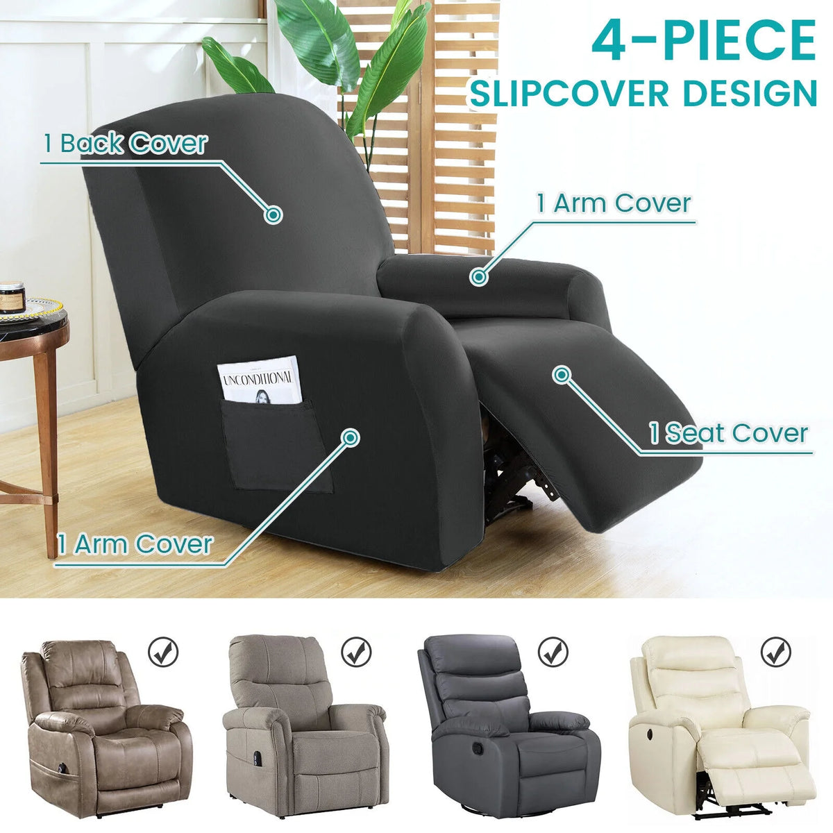 Velvet Oversized Stretch Recliner Sofa Cover 4 Pieces 1 Seat Q131