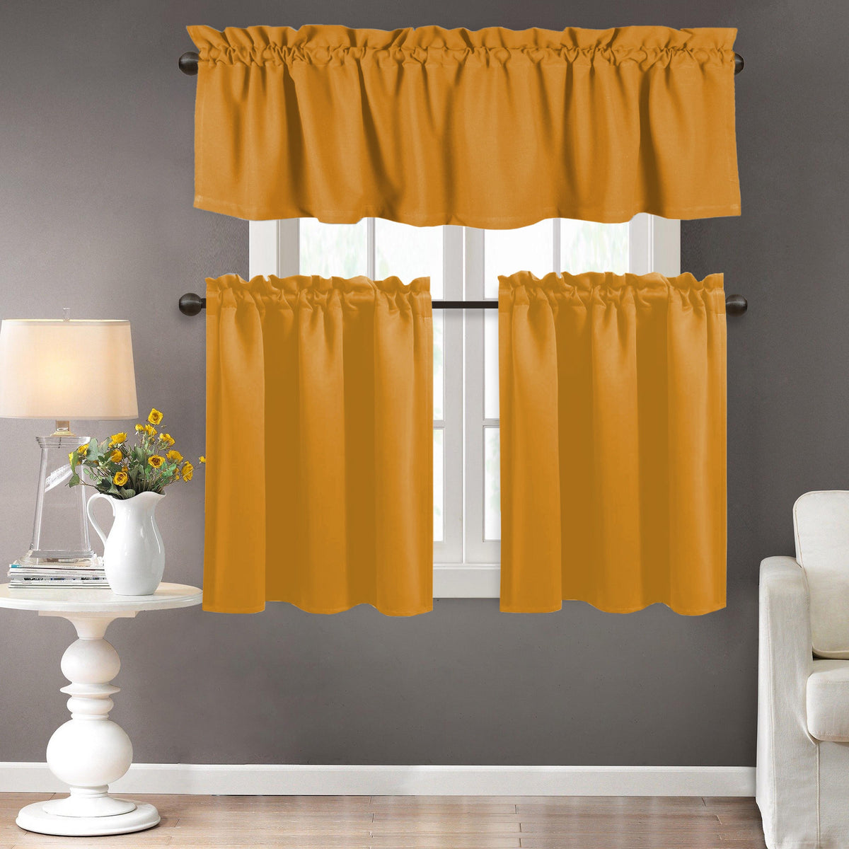Mustard Yellow 100% Cotton Kitchen Curtain Valance Set 3 Pack T2353
