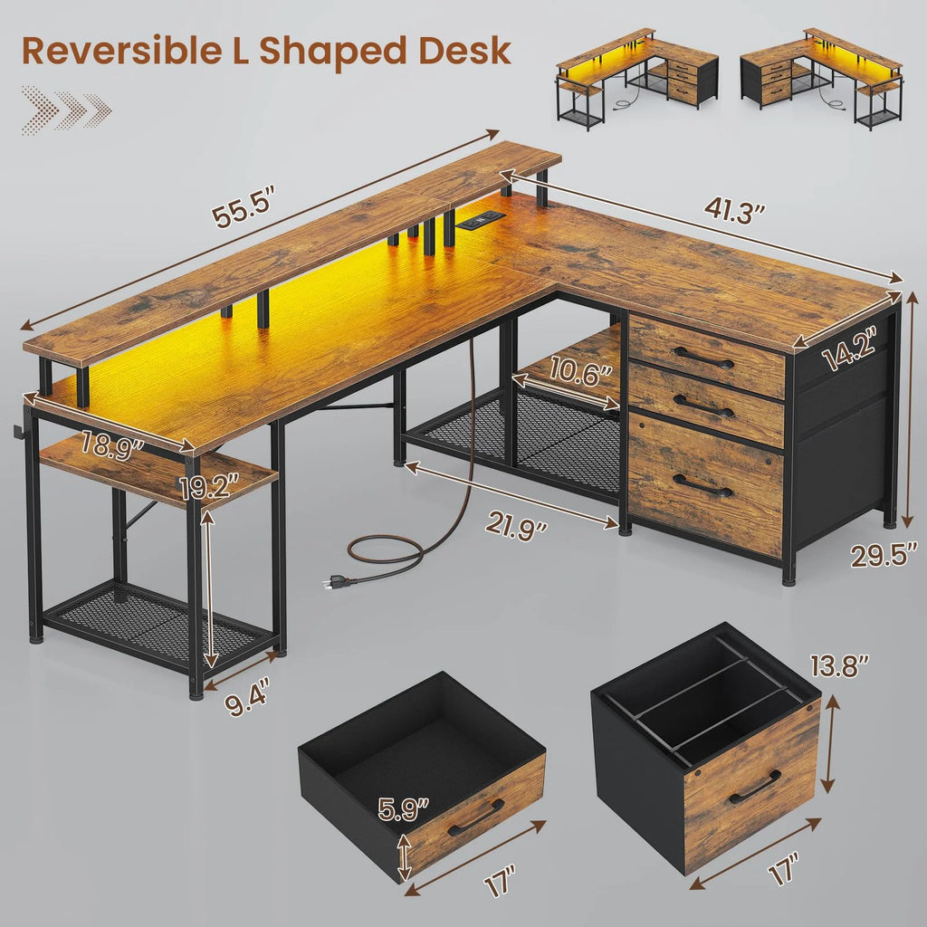 L Shaped Computer Desk with LED Lights and Power Outlet H407823
