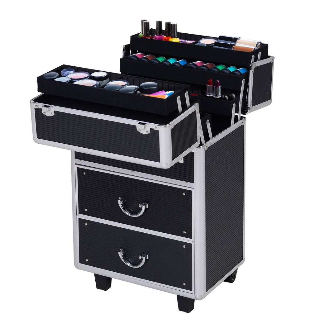 4 Tier Lockable Cosmetic Train Case with Extendable Trays Black B14608